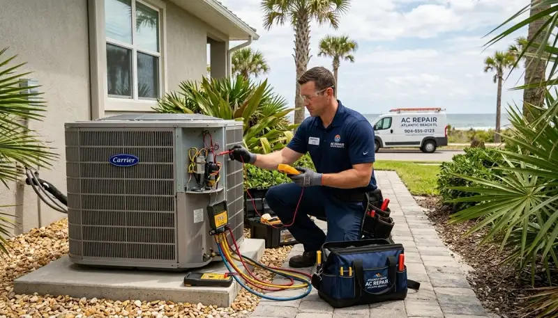 Professional AC repair technician servicing air conditioner in Jacksonville FL home