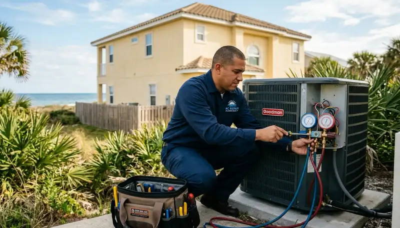 Professional AC repair technician servicing air conditioner in Jacksonville FL home