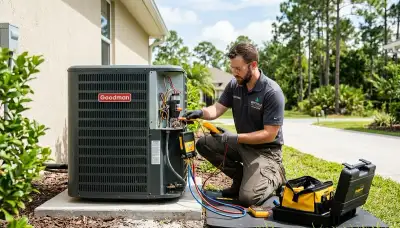 Professional AC repair technician servicing air conditioner in Jacksonville FL home
