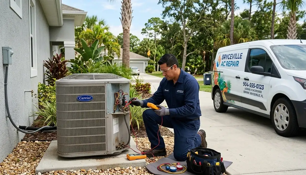 Professional AC repair technician servicing air conditioner unit in Jacksonville FL