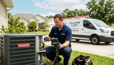 Professional AC repair technician servicing air conditioner unit in Jacksonville FL home