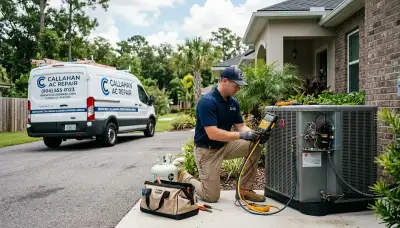 Professional AC repair technician servicing air conditioner in Jacksonville FL home
