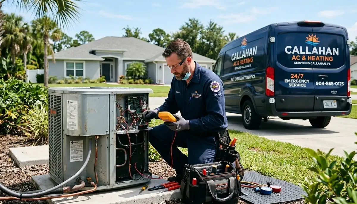 Professional AC repair technician servicing air conditioning unit in Jacksonville FL home