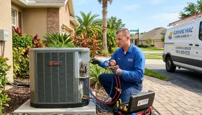Professional AC repair technician servicing air conditioner in Jacksonville, FL home