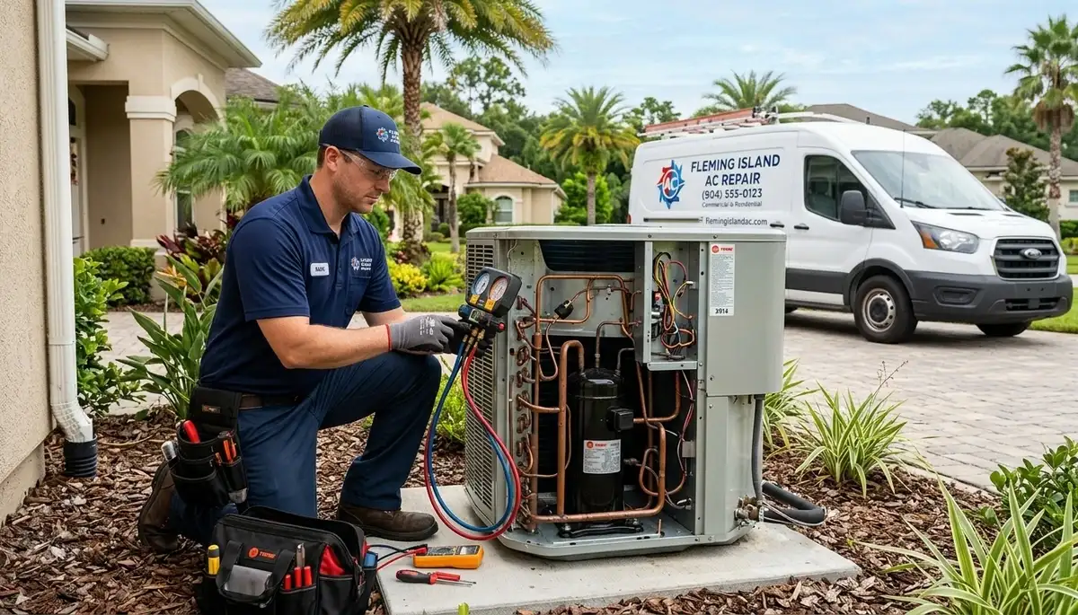 HVAC technician performing AC repair service in Jacksonville FL home