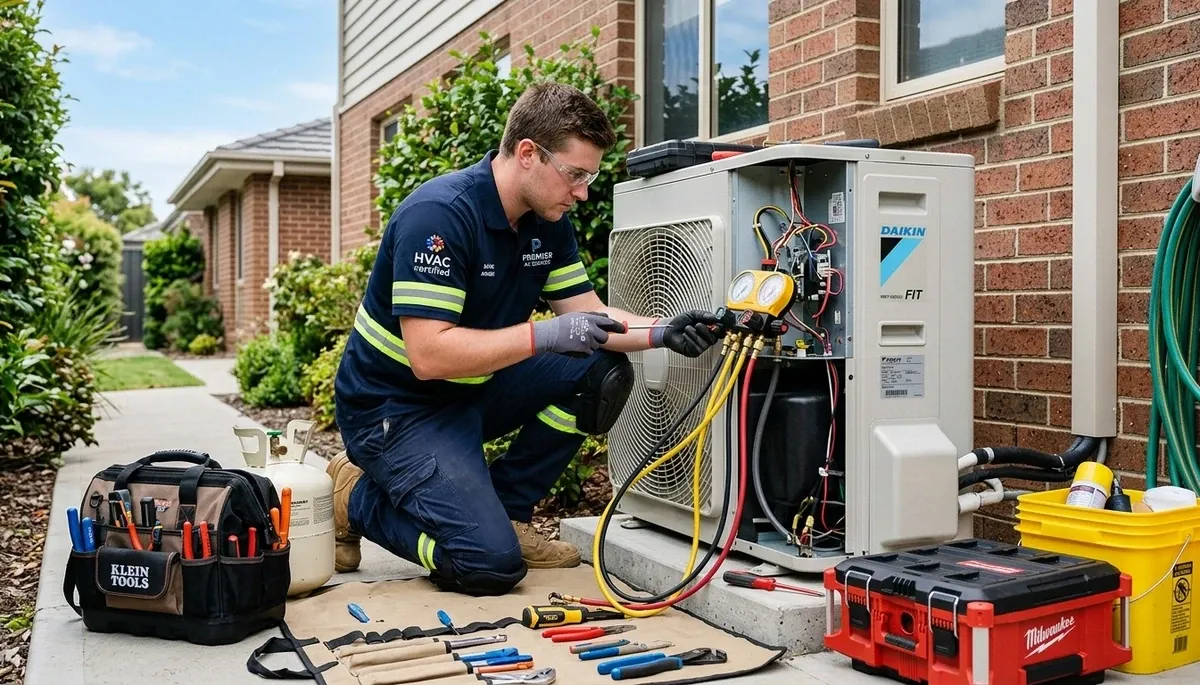 Technician performing AC repair on residential unit in Jacksonville, FL