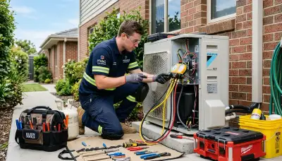Technician performing AC repair on residential unit in Jacksonville, FL