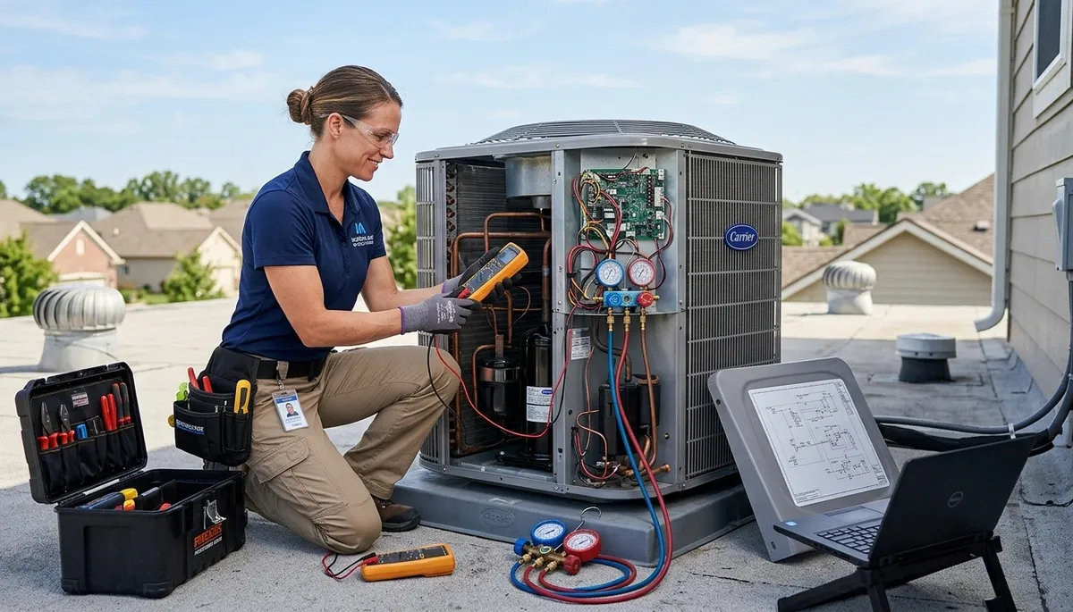 Technician repairing residential air conditioner in Jacksonville FL for Five Star Cooling