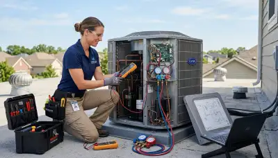 Technician repairing residential air conditioner in Jacksonville FL for Five Star Cooling