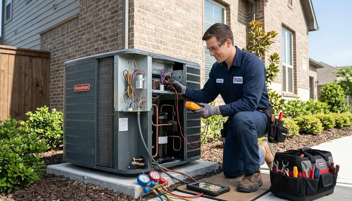 Technician repairing residential air conditioner in Jacksonville FL for Five Star Cooling service