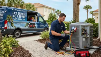 Professional AC repair technician servicing air conditioner in Jacksonville FL home