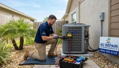 HVAC technician performing air conditioning repair service in Jacksonville FL home