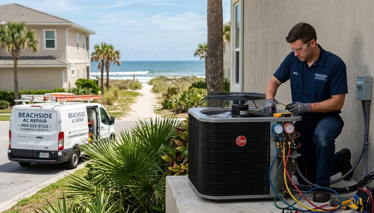 Professional AC repair technician servicing air conditioner in Jacksonville FL home
