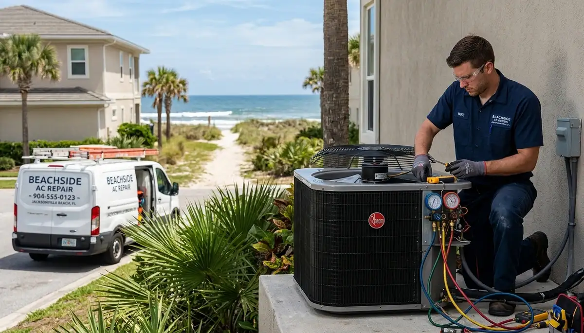 Professional AC repair technician servicing air conditioner in Jacksonville FL home