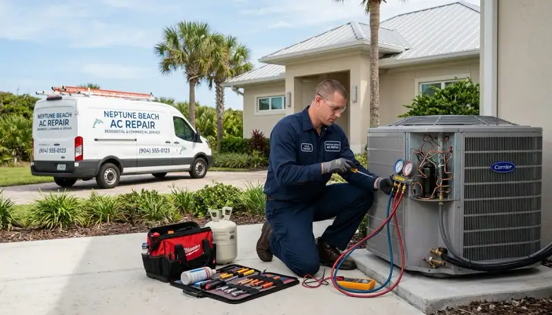Professional AC repair technician servicing air conditioner in Jacksonville FL home