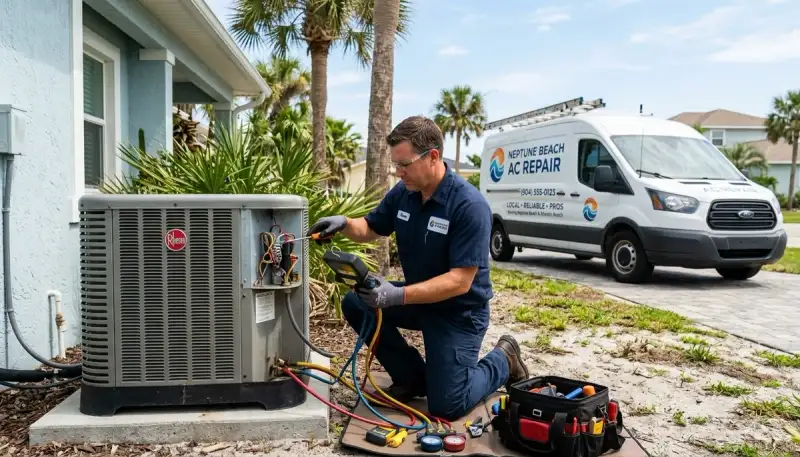 Professional AC repair technician servicing air conditioner unit in Jacksonville FL home