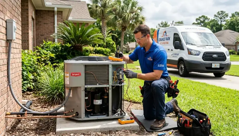 Professional AC repair technician servicing air conditioner in Jacksonville FL home