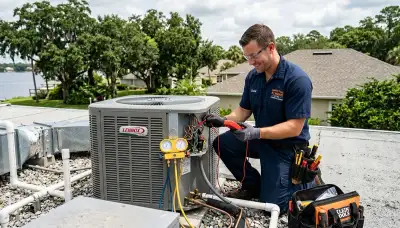 Professional AC repair technician servicing air conditioner in Jacksonville FL home