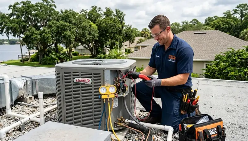 Professional AC repair technician servicing air conditioner in Jacksonville FL home