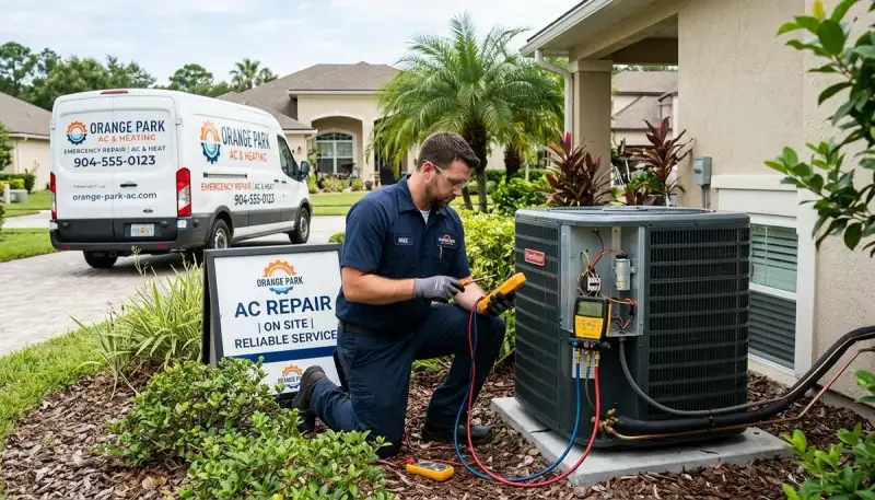 Professional AC repair technician servicing air conditioner unit in Jacksonville FL