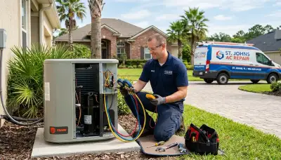 Professional AC repair technician servicing air conditioner in Jacksonville FL home