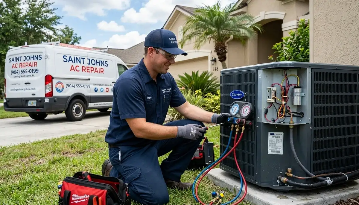 Professional AC repair technician servicing residential air conditioner in Jacksonville FL