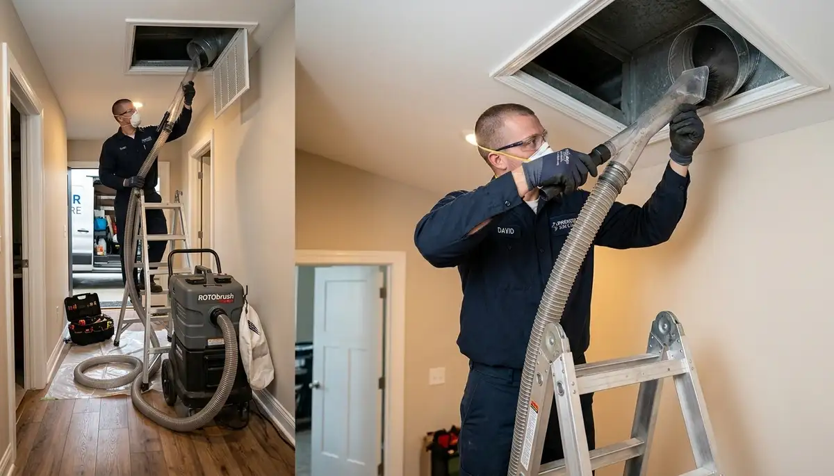 Technician cleaning air ducts for HVAC system in Jacksonville FL home by Five Star Cooling