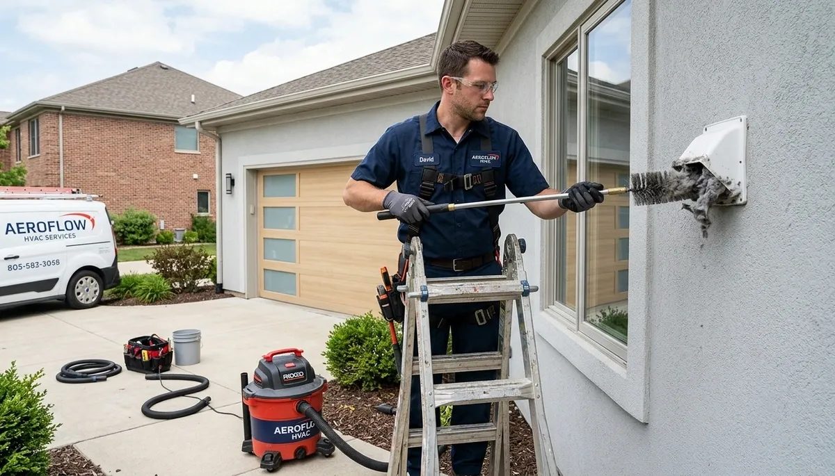 Technician cleaning residential dryer vent in Jacksonville FL for Five Star Cooling service