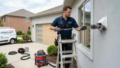 Technician cleaning residential dryer vent in Jacksonville FL for Five Star Cooling service