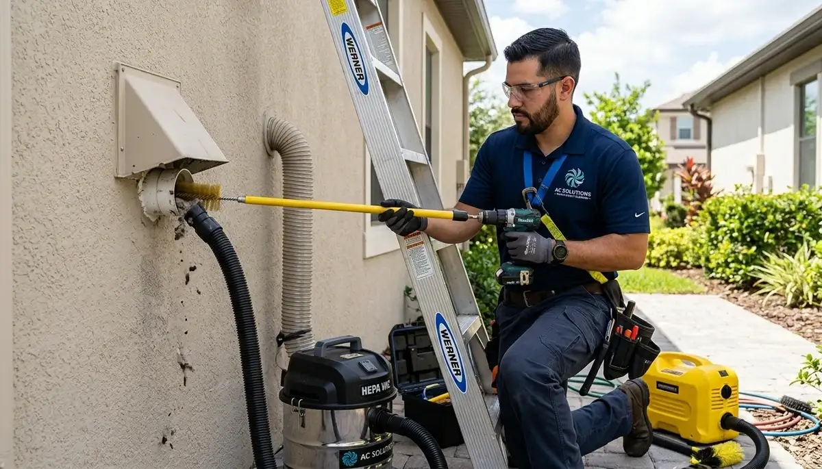Technician cleaning dryer vent for improved airflow in Jacksonville, FL home