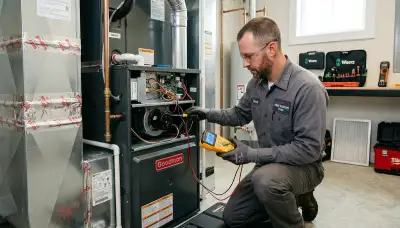 Technician performing heating repair service in Jacksonville FL home for Five Star Cooling