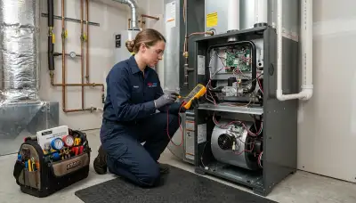 Technician performing heating repair service in Jacksonville FL home for Five Star Cooling