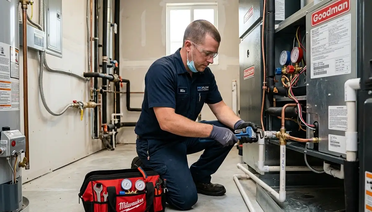 Technician fixing residential plumbing system in Jacksonville FL for Five Star Cooling repair service