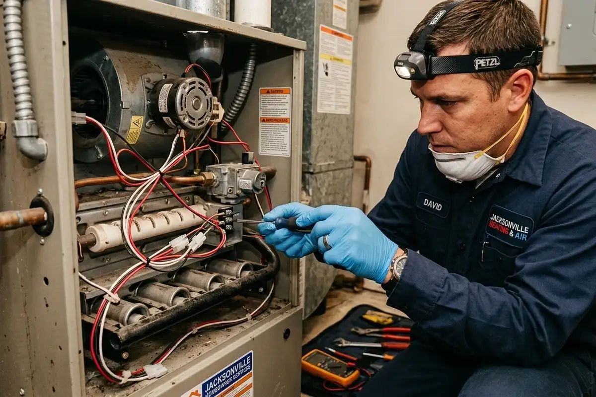 Technician performing precise heating repair on furnace components in Jacksonville FL homes