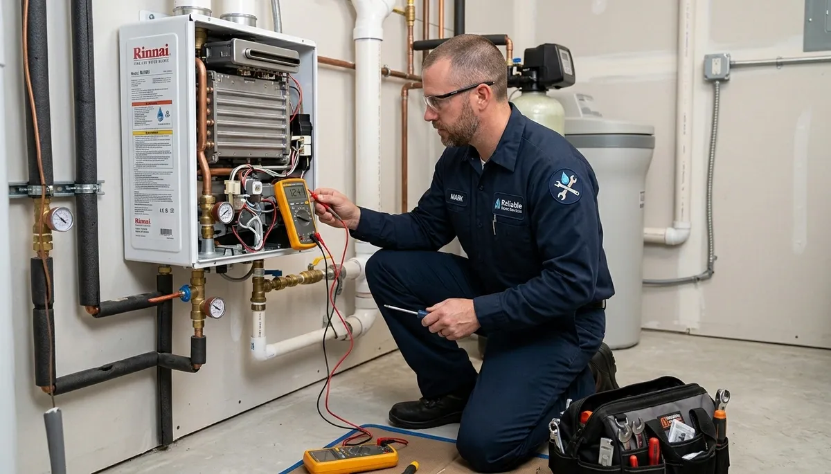 Technician repairing residential water heater in Jacksonville FL home for Five Star Cooling service