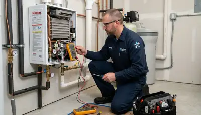 Technician repairing residential water heater in Jacksonville FL home for Five Star Cooling service