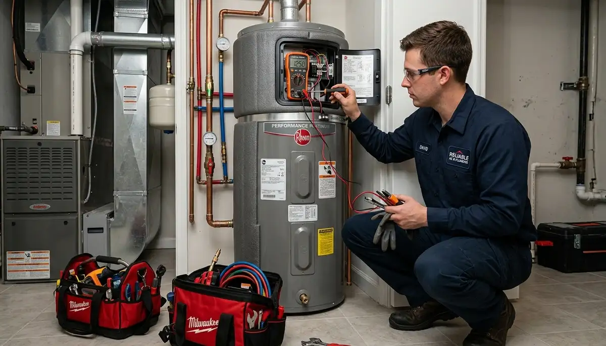 Technician repairing residential water heater in Jacksonville FL home by Five Star Cooling
